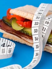 sandwich with tape measure around it and text overlay 'eat healthier and skip the diet'