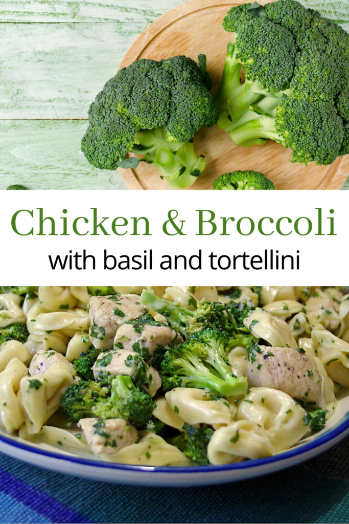 collage of fresh broccoli and Chicken & Broccoli with basil and tortellini