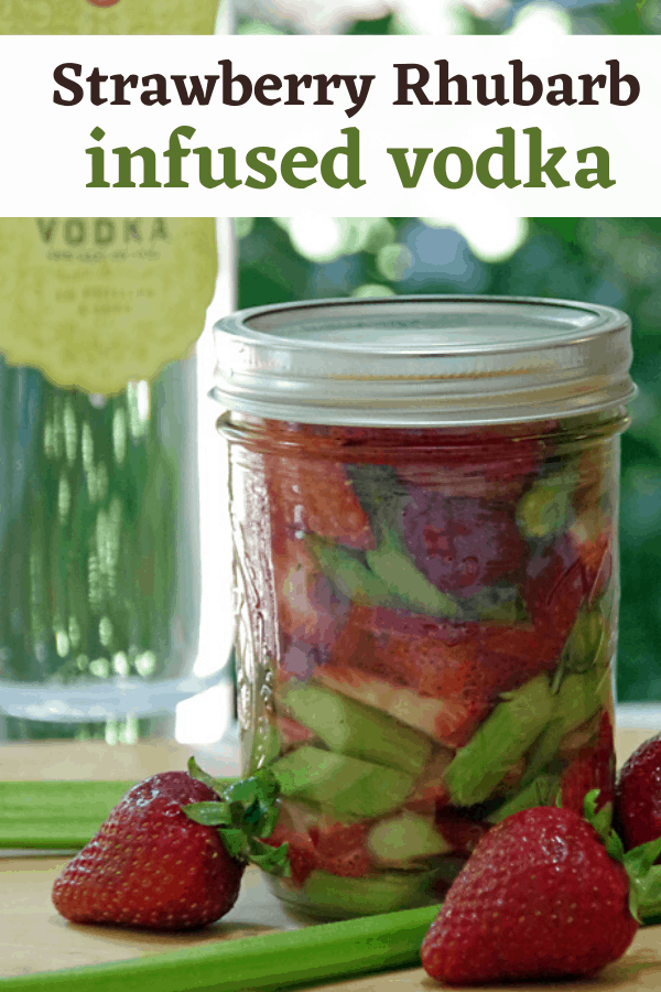 mason jar of strawberry and fresh rhubarb with a bottle of vodka next to it and text overlay 'Strawberry Rhubarb infused vodka'