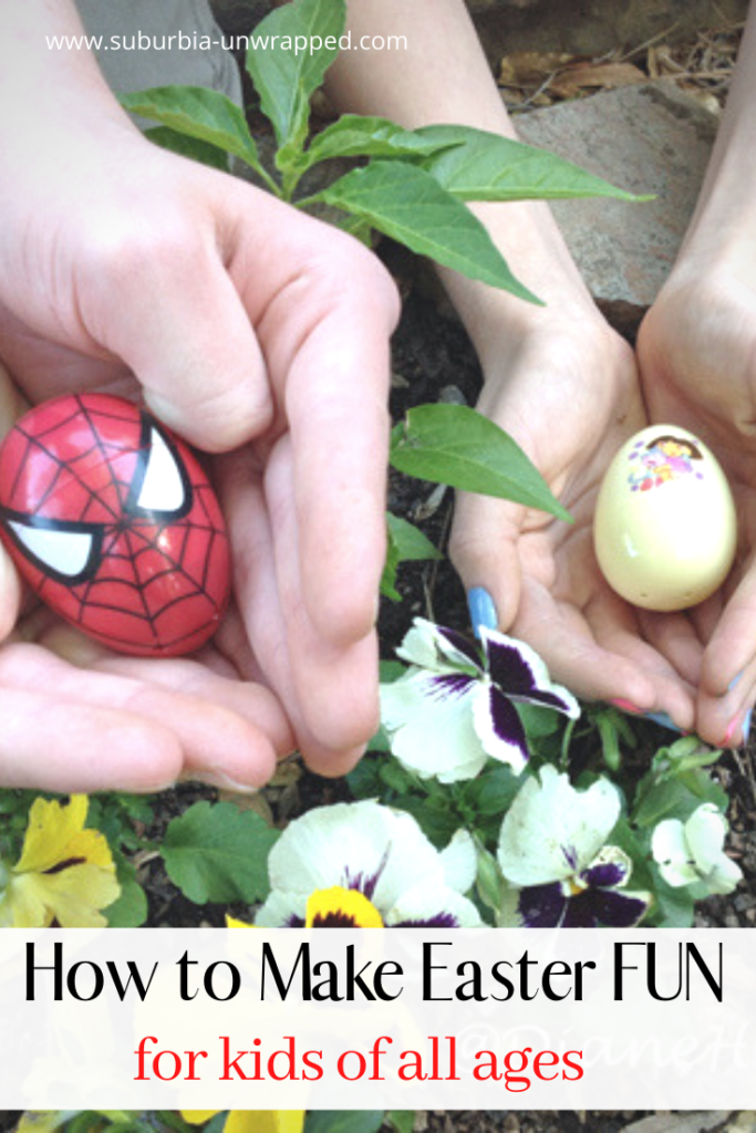 teens holding easter eggs over spring flowers