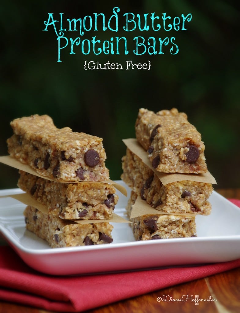 Almond Butter Protein Bars are gluten free and delcious!  Makes a healty snack recipe for athletes or hungry kids!