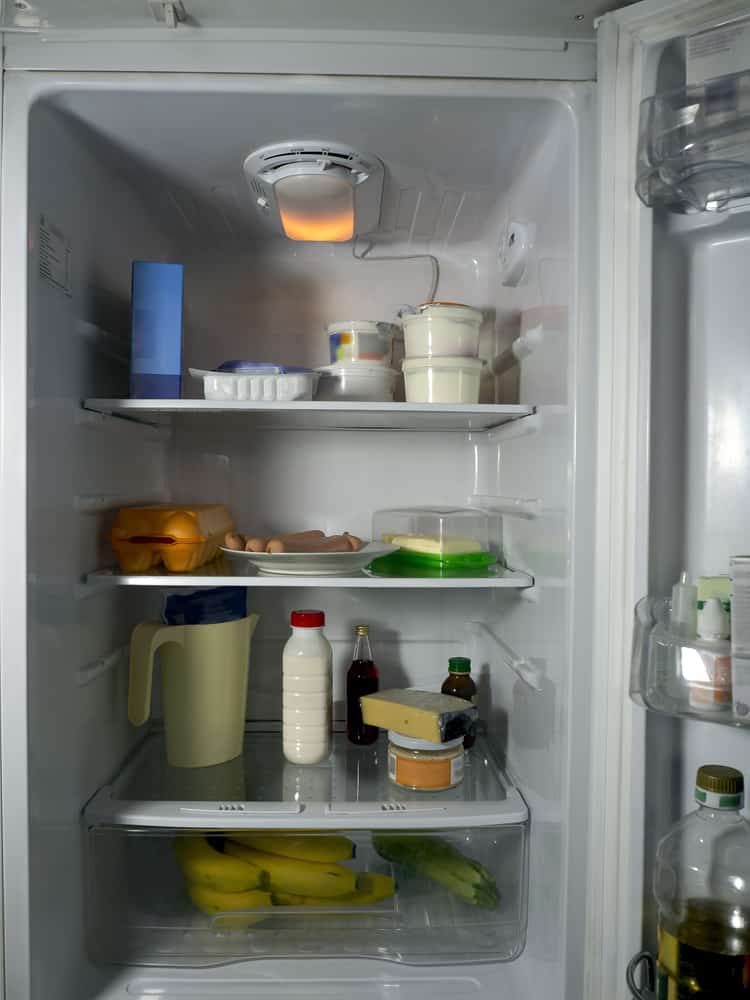 A working refrigerator with an open door. The refrigerator is filled with dairy and meat products, fruits and vegetables