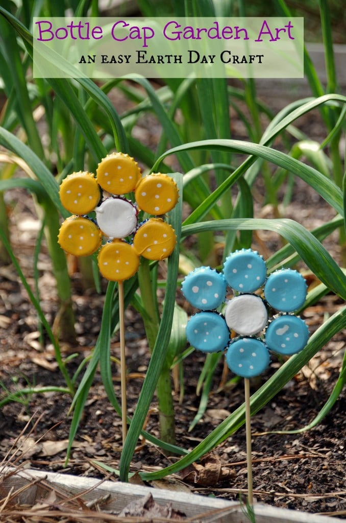 two bottle cap flowers in a garden