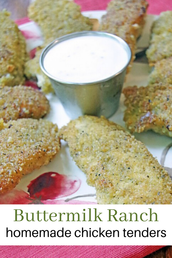 homemade chicken tenders on a plate with ranch dressing