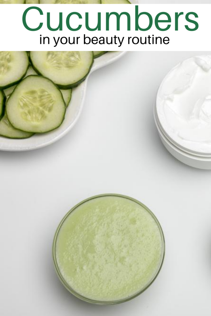 cucumber slices, cucumber face mask and lotion on white background