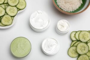 cucumber slices, cucumber mask and lotion on white background