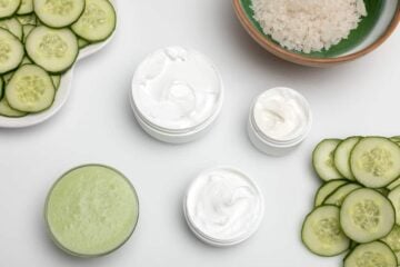 cucumber slices, cucumber mask and lotion on white background