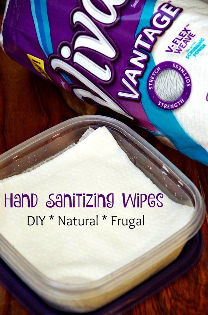 container of diy hand wipes with paper towels in background