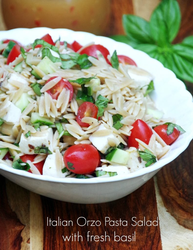 Easy Italian orzo pasta salad recipe with fresh basil