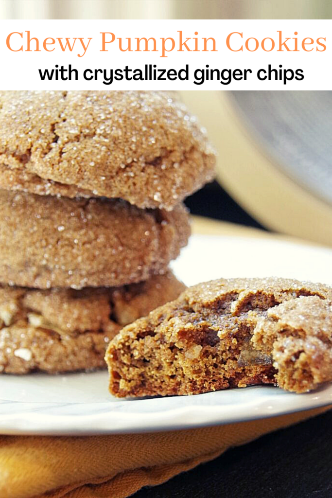 Chewy Pumpkin Cookies with crystallized ginger chips on a white plate