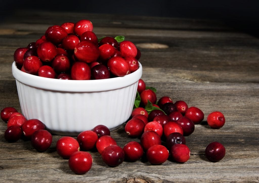 fresh cranberries in a white bowl