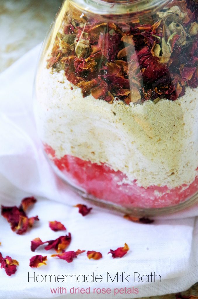 Easy Homemade Milk Bath Recipe with Dried Red Rose Petals 