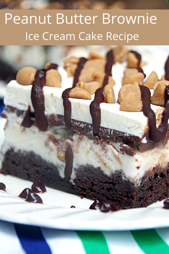 brownie ice cream cake slice on a white plate