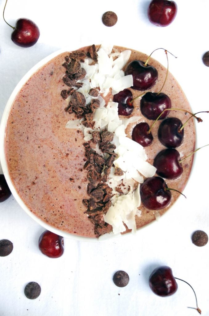 Dark Chocolate smoothie bowl with fresh cherries