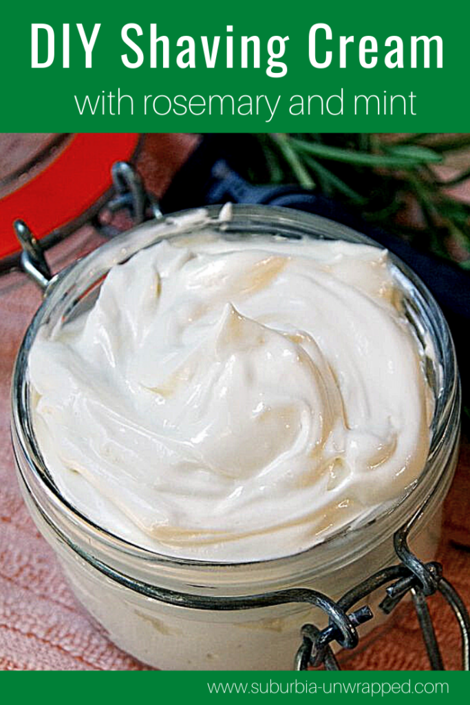 container of homemade shaving cream with rosemary in background