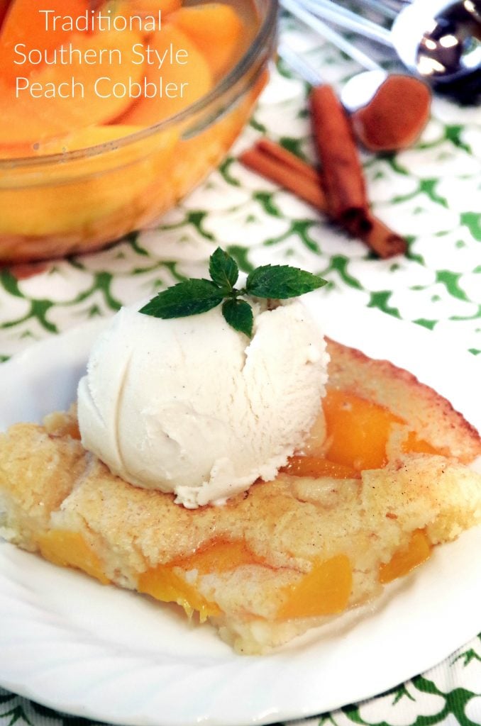 Traditional Southern Peach Cobbler Recipe with canned peaches. A delicious and easy southern dessert recipe your whole family will love.