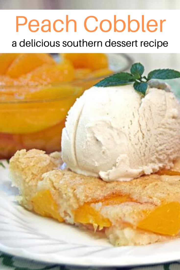 peach cobbler on a plate with vanilla ice cream