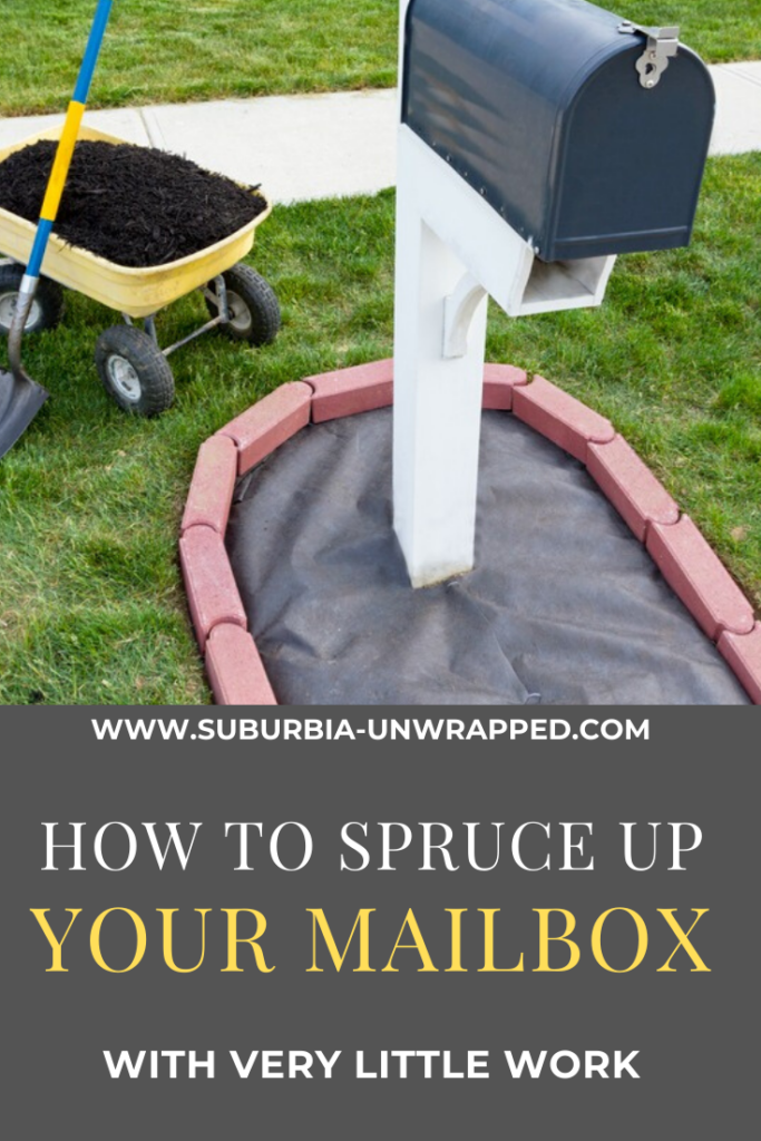 mailbox with wheelbarrow and soil for landscaping project