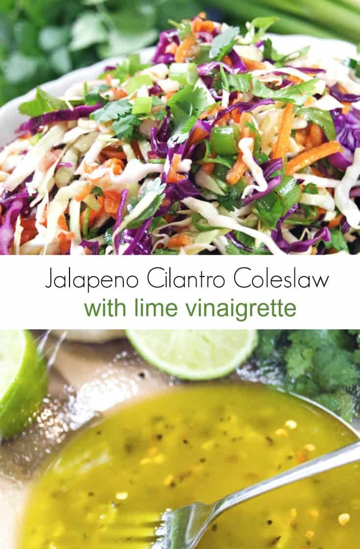 This jalapeno cilantro coleslaw recipe with lime vinaigrette is the perfect healthy side dish to your next BBQ or summer party. Full of garlic, jalapenos, and cilantro and tossed with a zesty burst of lime juice and olive oil.