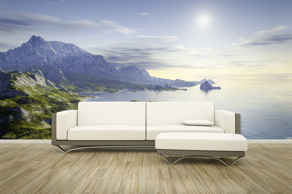 3D rendering of a sofa in front of a photo wall mural landscape