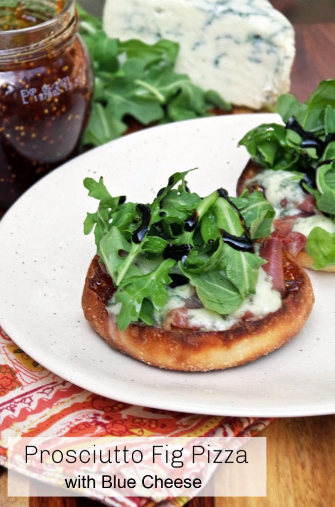 English Muffin Pizza with Fig Prosciutto and arugula