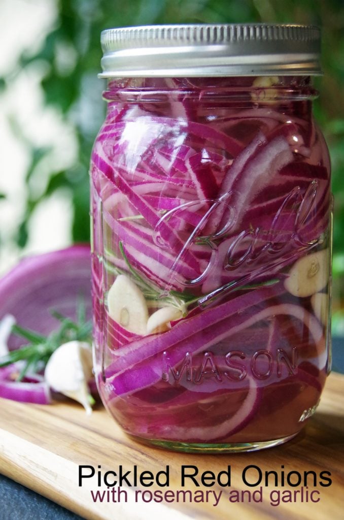 PIckled Red Onions with Rosemary and Garlic in Mason Jar