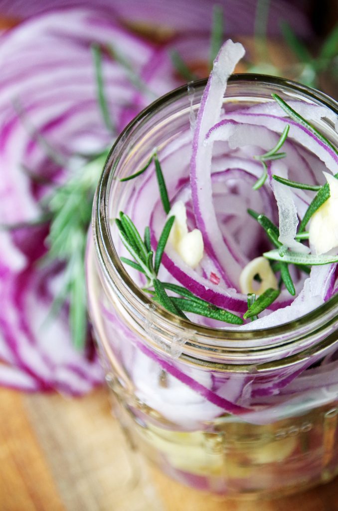Red Onions in Mason Jar for Pickling