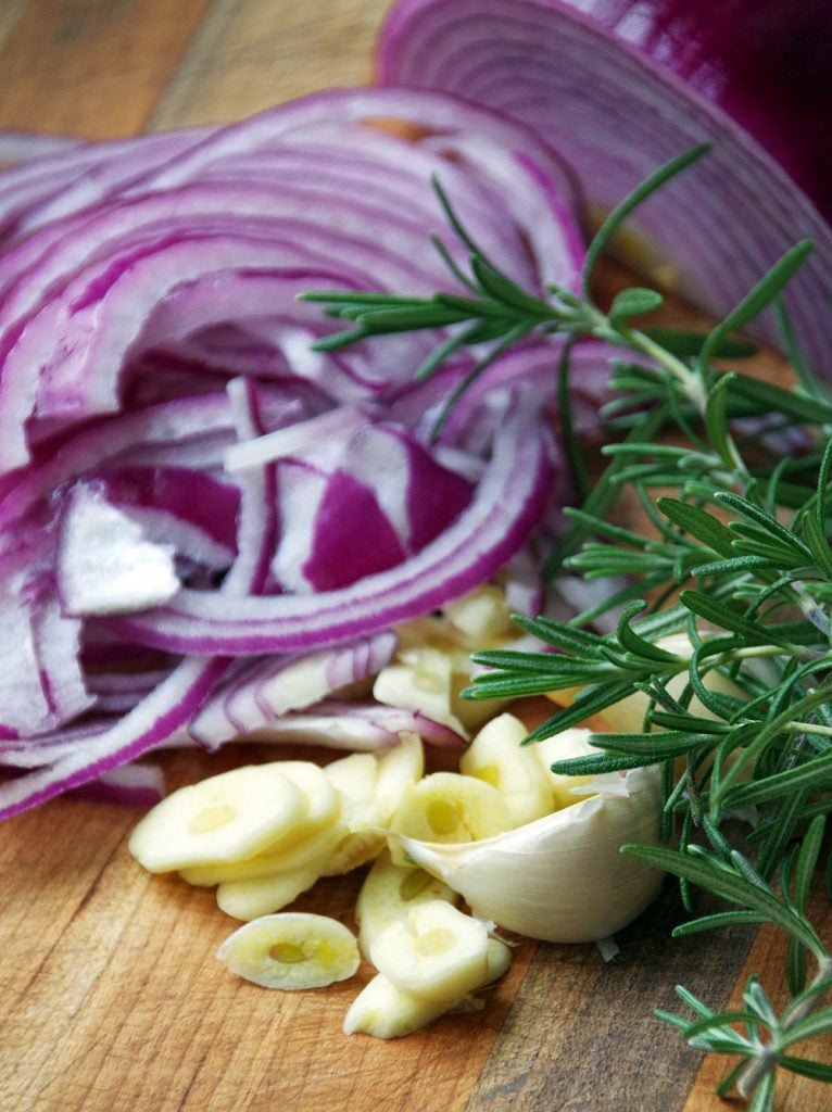 Red onions, garlic, and rosemary