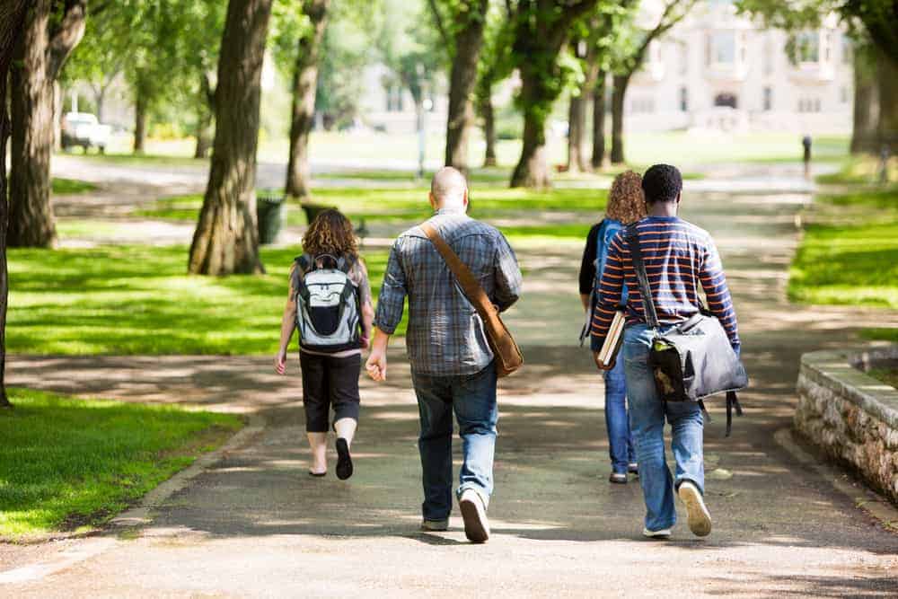 Rear view of university students with backpacks walking on campus road