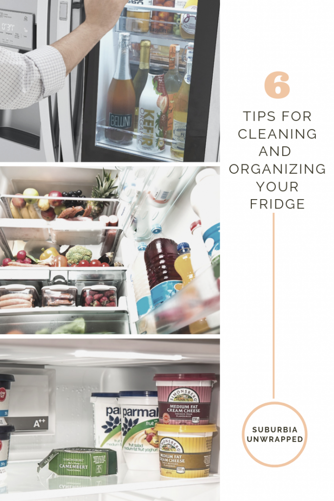 Photos of clean and organized refrigerator with text 'Cleaning and organizing the fridge'