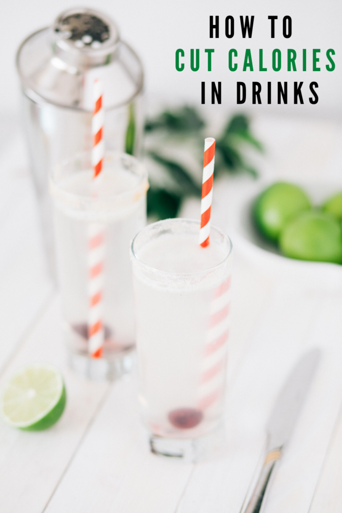 cocktails in clear skinny glasses with text overlay How to Cut Calories in Drinks