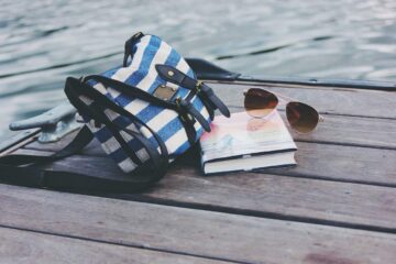 summer image of bag, sunglasses and book