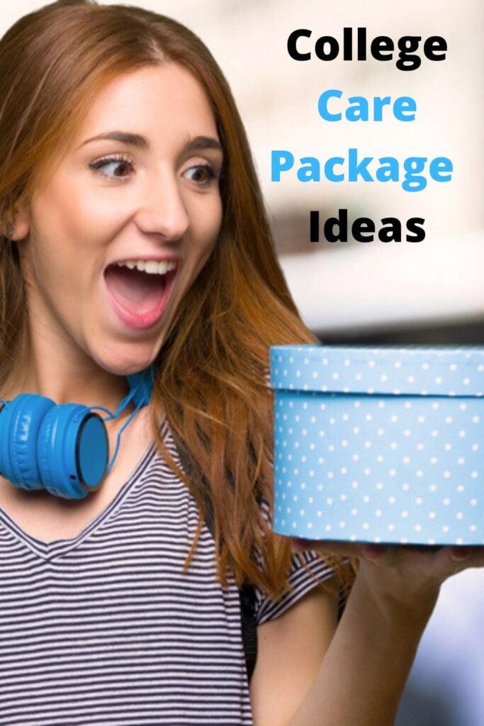 Female college student wearing headphones and holding gift box with text overlay ' College Care Package Ideas '