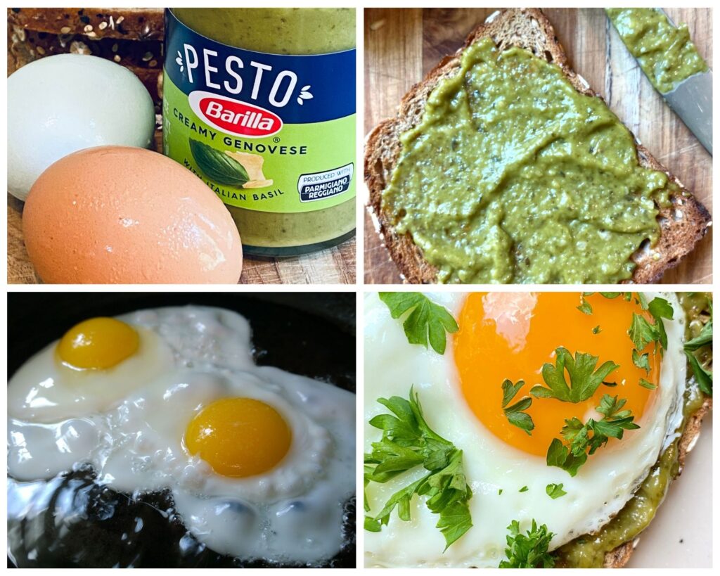 pesto eggs toast ingredient collage