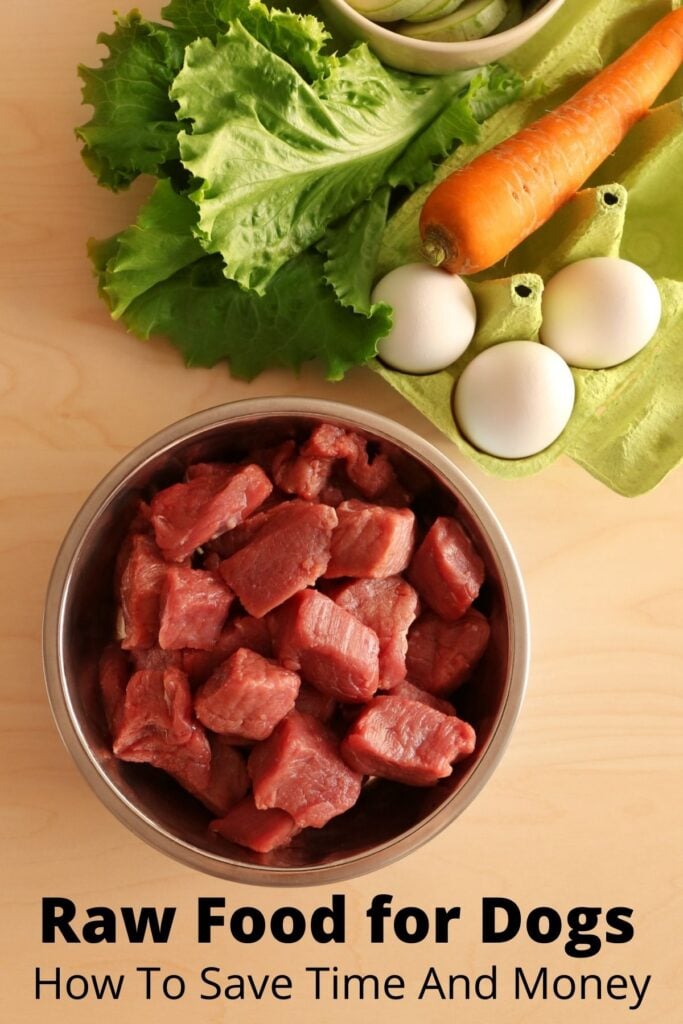 raw dog diet ingredients with text overlay 'raw food for dogs how to save time and money'