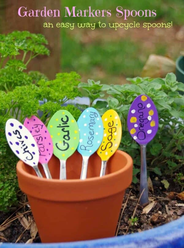 garden marker spoons in a frugal garden